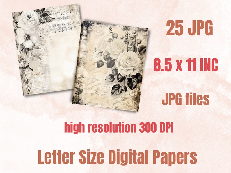 Black and White Shabby Chic Junk Journal Paper, Vintage Shabby Chic ...