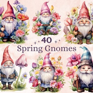 40 PNG Watercolor Spring Garden Gnomes Clipart, Floral Spring Gnome Illustrations Clip art, Flowers Garden Png, Cute Tulips Sublimation