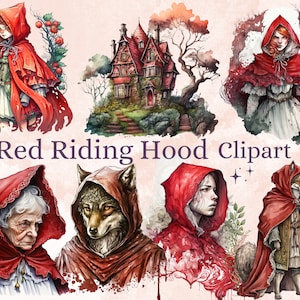 30 PNG Watercolour Red Riding Hood Clipart, Little Red Riding Hood Png, Fairy tale Clip art, Fantasy Gothic Fairytale Junk Journal Ephemera