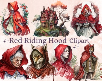 30 PNG Watercolour Red Riding Hood Clipart, Little Red Riding Hood Png, Fairy tale Clip art, Fantasy Gothic Fairytale Junk Journal Ephemera