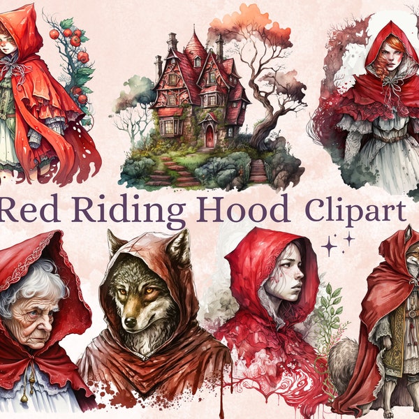 30 PNG Watercolour Red Riding Hood Clipart, Little Red Riding Hood Png, Fairy tale Clip art, Fantasy Gothic Fairytale Junk Journal Ephemera