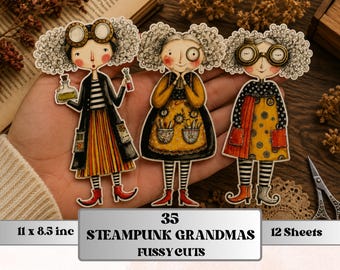 Steampunk Grandmas Fussy Cut Printable, 35 Whimsical Vintage Grandma Cutouts, Gothic Ephemera Junk Journal Scrapbook Sheets