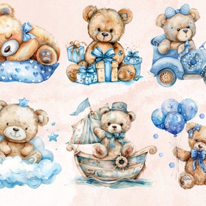 40 PNG Watercolor Blue Teddy Bear Clipart, Baby Shower for a Boy ...