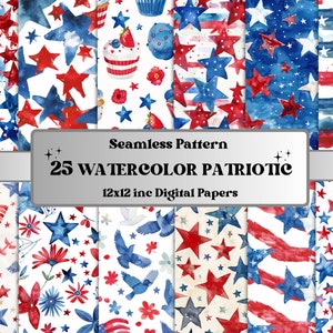 Aquarelle transparente du 4 juillet, papier numérique patriotique, motif fête de l'indépendance, étoiles et rayures grunge, drapeaux américains sans couture