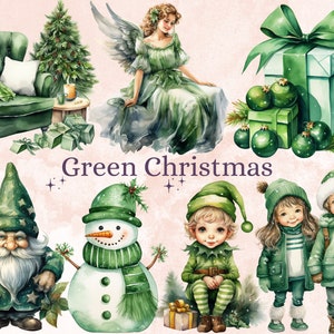 45 PNG Watercolour Green Christmas Clipart, Pastel Christmas Green Illustrations Clip art, Winter Holiday png, Pastel Xmas Noel Ornaments