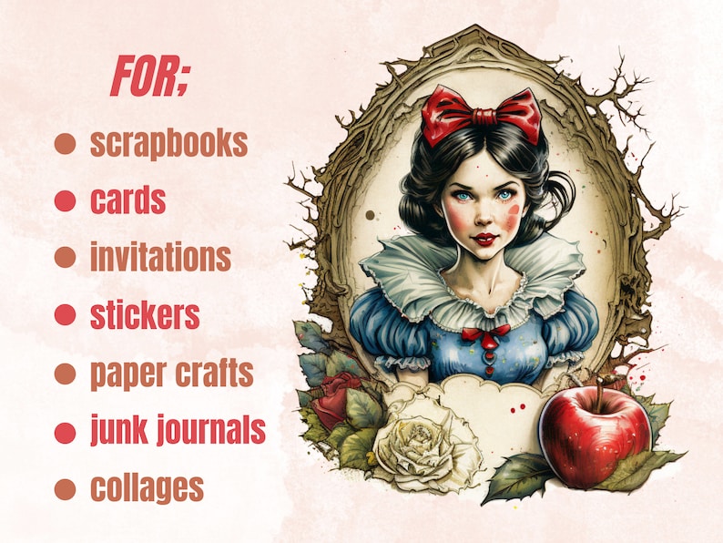 40 PNG Watercolour Snow White Clipart, Snow White Princess Seven Dwarves Png, Fantasy Fairytale Clipart, Evil Queen, Vintage Fairy Tale Set