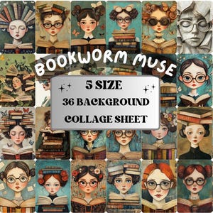 Bookworm Muse Collage Paper, Whimsy Surreal Mixed Media Art Sheet, Whimsical Reading Ephemera Images, Book Lover Journal, Scrapbook Paper