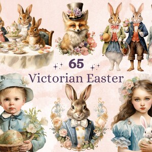 65 PNG acquerello vittoriano Pasqua Bundle Clipart, illustrazioni vintage di uova di Pasqua Clip art, sublimazione del coniglietto di Pasqua, effimeri vittoriani