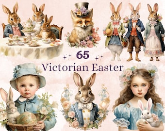 65 PNG acuarela paquete de Pascua victoriano Clipart, ilustraciones de huevos de Pascua vintage Clip art, sublimación de conejito de Pascua, efímera victoriana