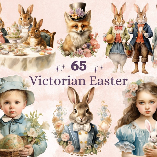 65 PNG acuarela paquete de Pascua victoriano Clipart, ilustraciones de huevos de Pascua vintage Clip art, sublimación de conejito de Pascua, efímera victoriana