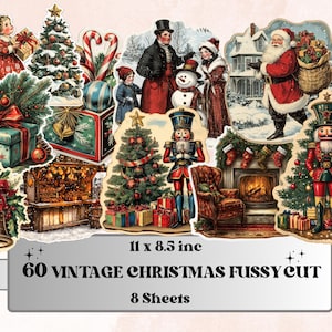Vintage Christmas Fussy Cut Pages, Whimsical Xmas Holiday Fussy Cut Ephemera Sheet, Christmas Journal Add On Kit, Xmas Mixed Media Collage