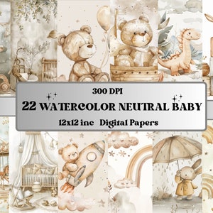 Confezione di carta neutra per neonati stampabile, pagine Boho Baby Bear, sfondo neutro di genere, scene Boho Baby, orsacchiotto acquerello