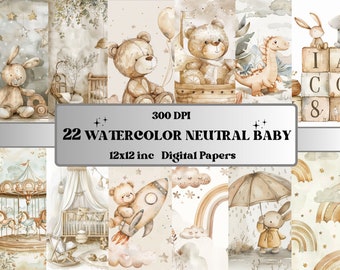 Printable Watercolor Neutral Newborn Paper Pack, Boho Baby Bear Pages, Gendre Neutral Background, Boho Baby Scenes, Watercolor Teddy Bear