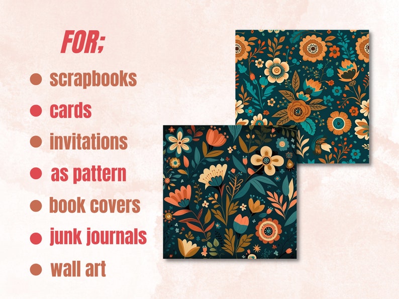 Boho Floral Digital Paper, Boho Flowers paper pack, floral journal and scrapbooking pages, Bohemian Flowers Backgrounds, Floral Card Pack
