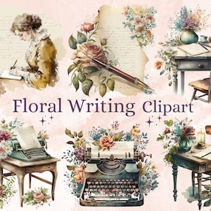 37 PNG Aquarel Bloemen Schrijven Clipart, Floral Typewriters Clipart, Vintage Writers Scene, Desk Scenes Clipart, Writer Clipart Png bundel