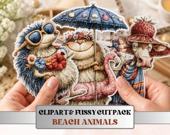 Beach Animals Fussy Cuts & Clipart, Whimsical Beach Animal Cut Outs, Summer Ephemera, Junk Journal Scrapbook Kit, Quirky Paper Craft
