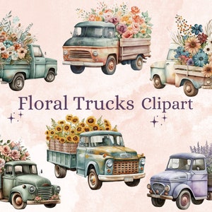 23 PNG Acuarela Floral Truck Clipart, Flower Trucks Clip Art, Floral Farm Truck PNG, Vintage Old Trucks Clipart Bundle, Floral Car PNG Set
