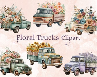 23 PNG Watercolor Floral Truck Clipart, Flower Trucks Clip Art, Floral Farm Truck PNG, Vintage Old Trucks Clipart Bundle, Floral Car PNG Set