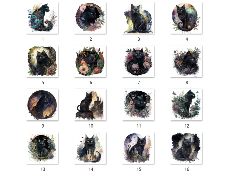 16 PNG Watercolor Fantasy Black Cats Clipart, Black Cat Clip Art, Celestial Black Cat Clipart, Magical clipart, Witchcraft Bundle, pagan png