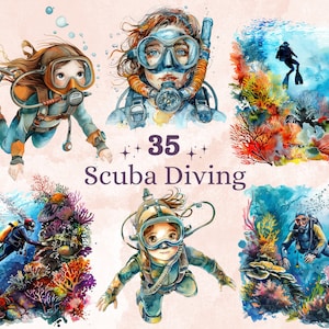 35 PNG Watercolor Scuba Diving Clipart, Cute Ocean Diver Clip art, Sea Animal png, Under the Sea Life Sublimation, Underwater Illustration