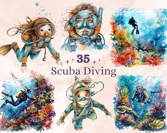 35 PNG Watercolor Scuba Diving Clipart, Cute Ocean Diver Clip art, Sea Animal png, Under the Sea Life Sublimation, Underwater Illustration