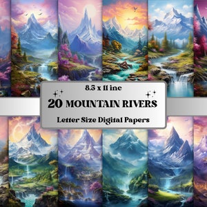 May include: 20 digital papers featuring a mountain river scene with waterfalls, lush greenery, and snow-capped peaks. The papers are 8.5 x 11 inches and are perfect for scrapbooking, card making, and other crafting projects.