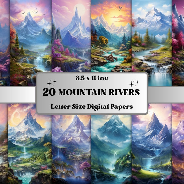 Printable Mountain Rivers Digital Paper, Forest River Background, Nature Landscape Backdrop, Download Junk Journal, Scrapbooking, Collage