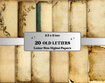 May include: A collection of 20 old letter-size digital papers, each with a vintage, aged appearance. The papers are 8.5 x 11 inches, featuring a parchment-like texture with decorative floral and butterfly accents. Some pages have handwritten script.