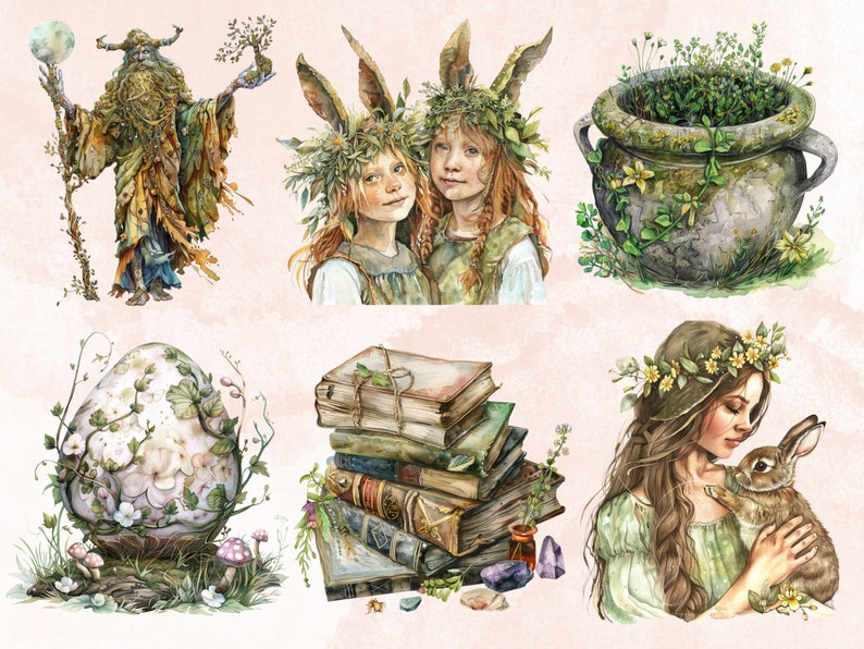 60 PNG Watercolor Ostara Clipart, Floral Spring Equinox Art Illustrations Clip art, Wheel of the Year png, Pagan Ostara Goddess Sublimation