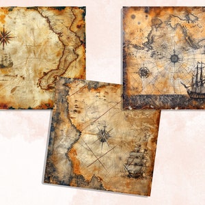 Nautical Old Maps Textures Digital Paper, Antique Map Junk Journal Pages, Old Pirat Map Textures, Nautical Grungy Ephemera Scrapbook