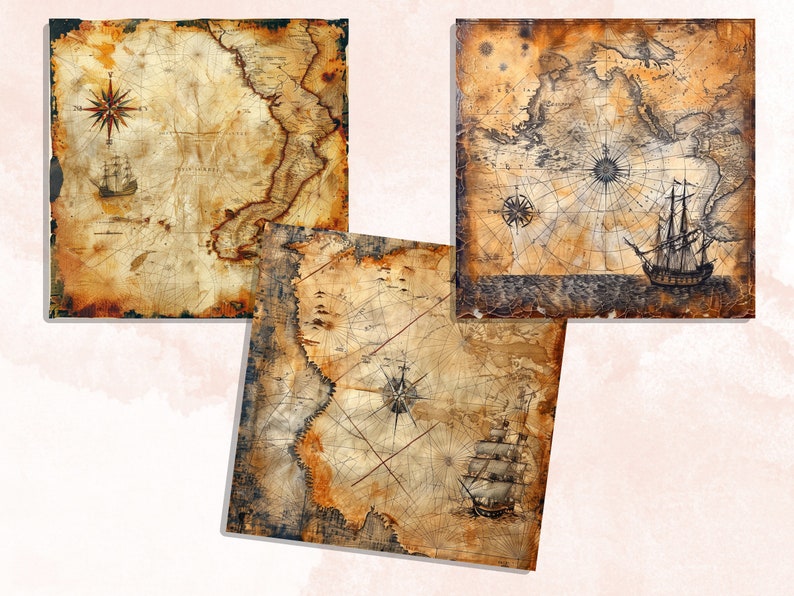 Nautical Old Maps Textures Digital Paper, Antique Map Junk Journal Pages, Old Pirat Map Textures, Nautical Grungy Ephemera Scrapbook