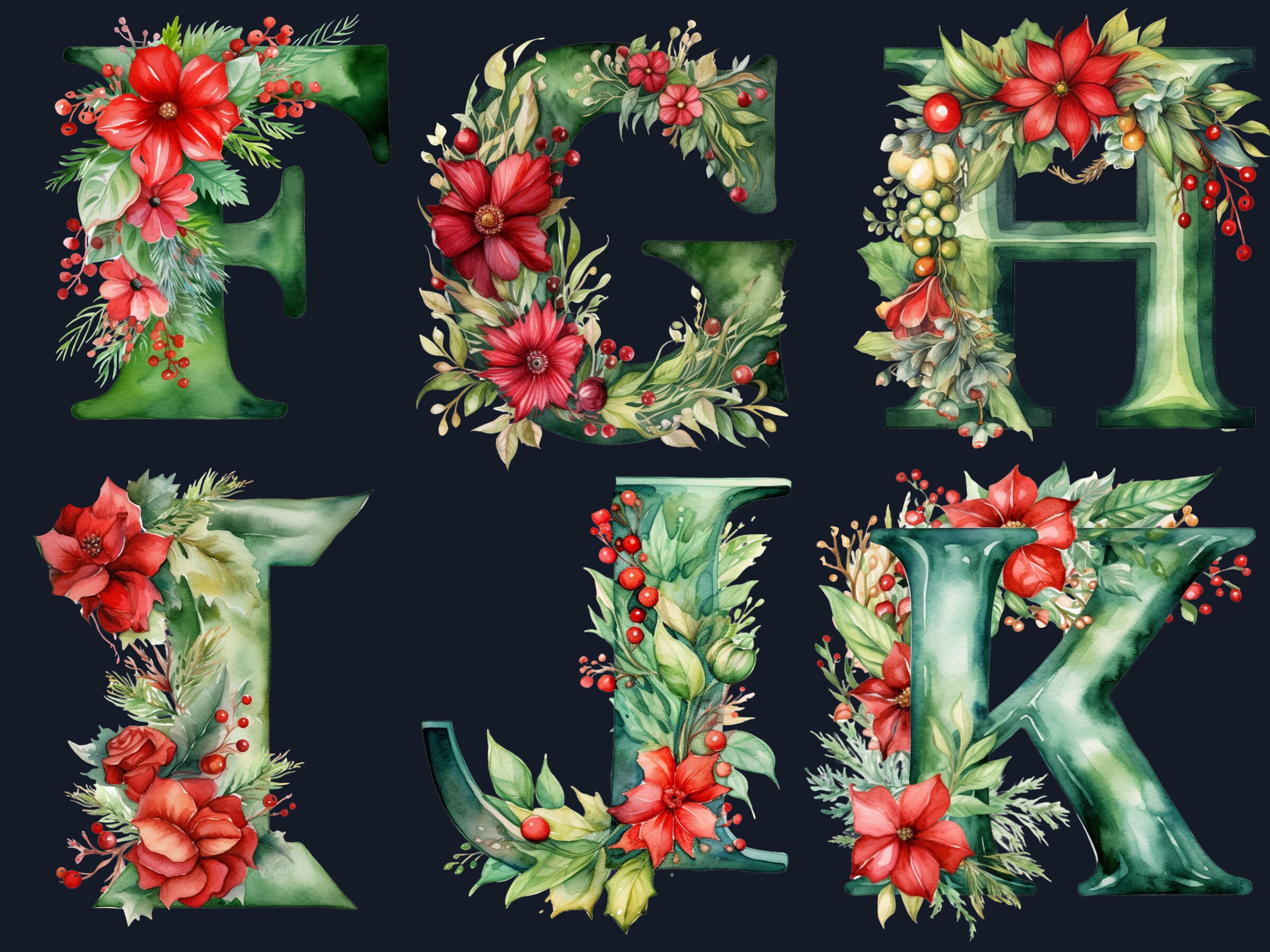 26 PNG Watercolour Green Christmas Alphabet Clipart (Instant