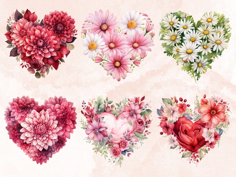40 PNG Watercolor Valentine's Day Hearts Clipart, Floral Valentines Day ...