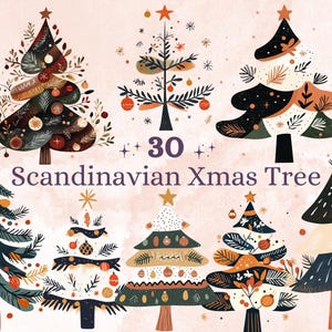 30 PNG Clipart albero di Natale scandinavo, Illustrazioni di arte popolare dell'albero di Natale Clip art, PNG vacanze invernali, Ornamenti di Natale nordici