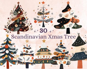 30 PNG Skandynawskie choinki Clipart, Choinki Ludowe Ilustracje Sztuki Clipart, Zimowe Święta png, Nordyckie ozdoby świąteczne Noel
