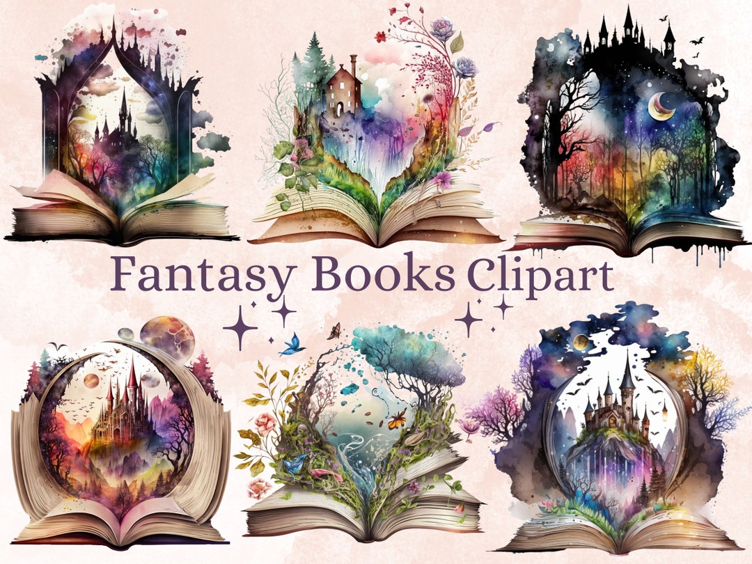 PNG Watercolor Fantasy Books Clipart, Open Book Clip Art, Book Bundle PNG,  vintage books stacklibrary clip art, old books, Magic Books