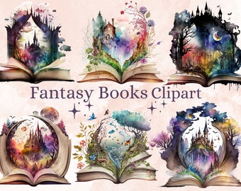 18 PNG Watercolor Fantasy Books Clipart, Open Book Clip Art, Book Bundle PNG, vintage books stacklibrary clip art, old books, Magic Books
