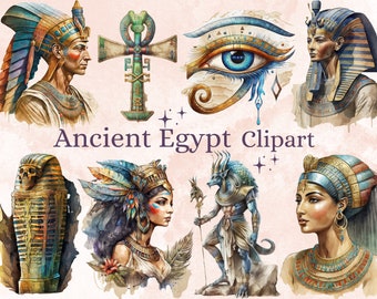 38 PNG Watercolor Fantasy Ancient Egypt Clipart, Ancient Egypt mythology png clip art bundle, Egyptian Gods and Goddesses, History Ephemera