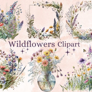 27 Clipart de flores silvestres em aquarela PNG, pacote de clipart de flores silvestres, clipart de flores de primavera, png de flores silvestres, scrapbooking, junk journal