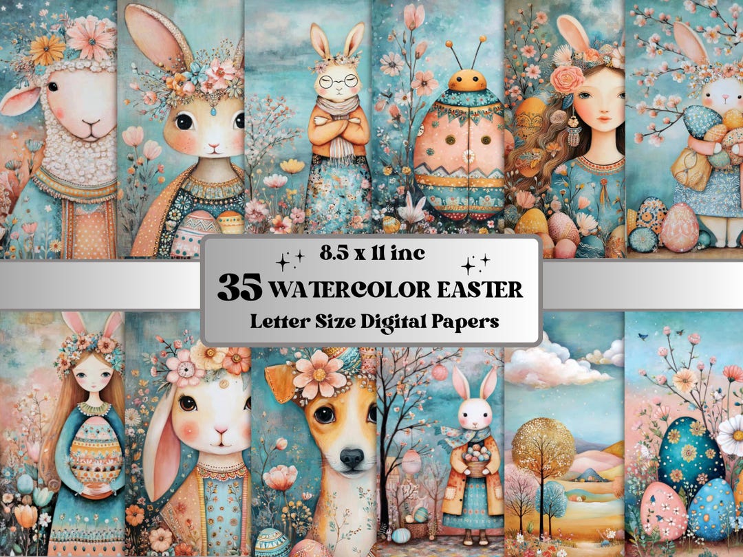 Watercolor Easter Digital Paper Pack Printable Quirky Spring Collage ...