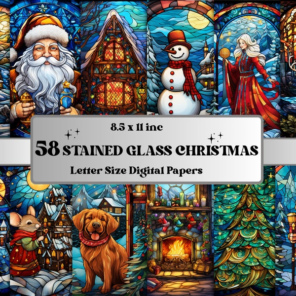 Printable Stained Glass Christmas Digital Paper, Christmas Holiday Background, Winter Landscape Cards, Download Junk Journal, Scrapbooking