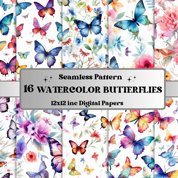 Nahtlose Aquarell Schmetterlinge digitales Papier, Schmetterling blüht nahtloses Muster, Frühling Blumen Motten Collage Papier Pack, Schmetterling drucken