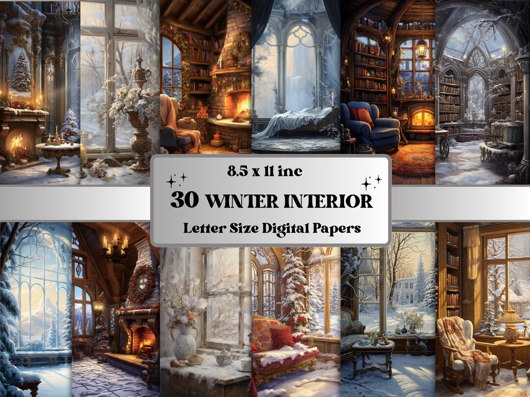 Printable Enchanted Winter Interior Digital Paper, Cozy Winter Indoor ...