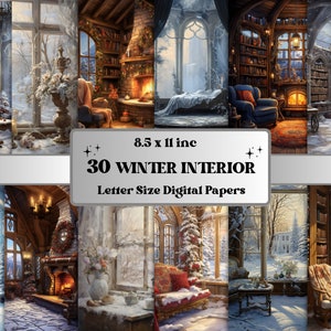 Printable Enchanted Winter Interior Digital Paper, Cozy Winter indoor Scenes Background and Backdrop, Download Junk Journal, Scrapbooking