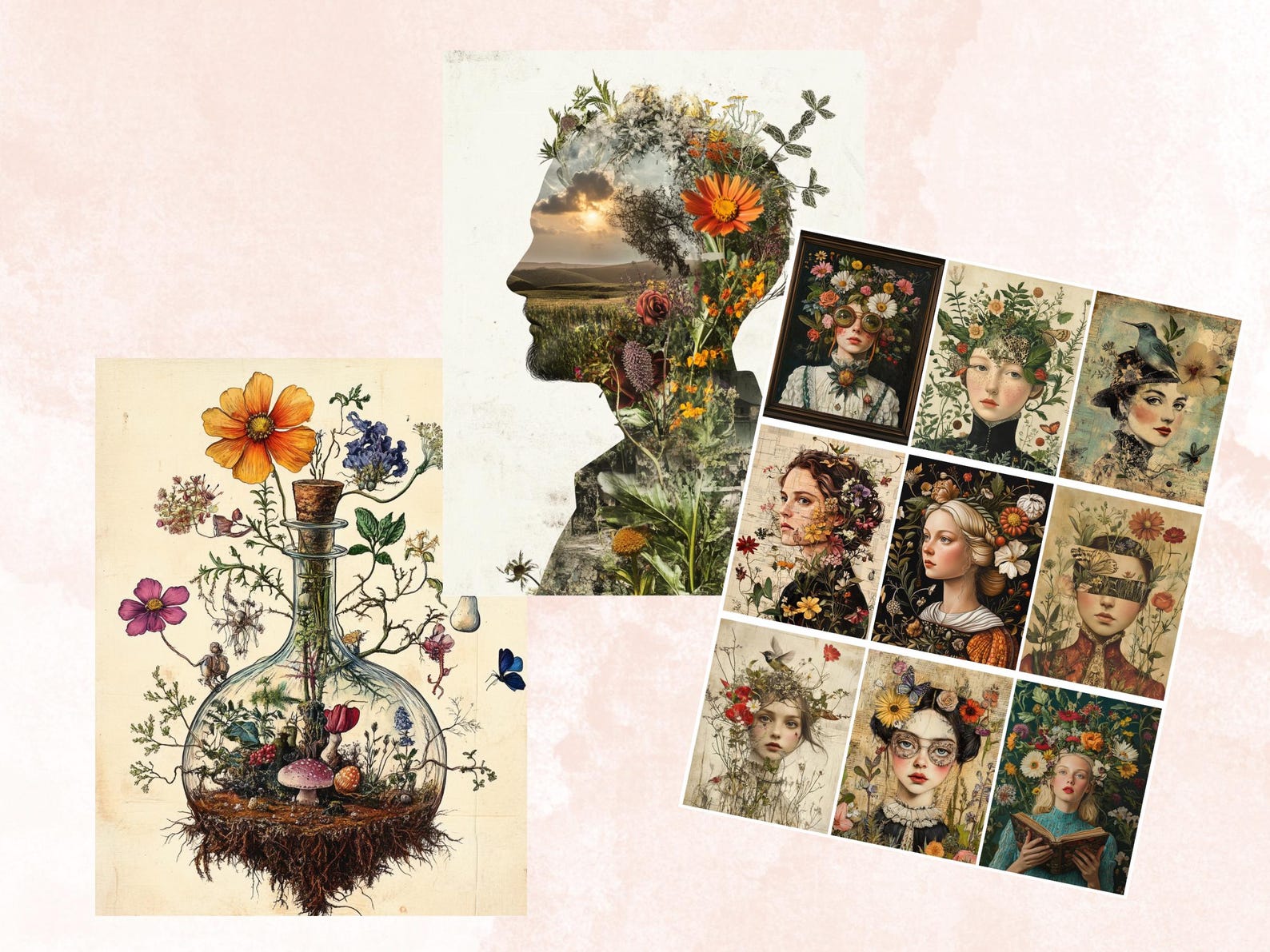 Whimsy Botanical Alchemy Collage Paper, Floral Surreal Mixed Media ...