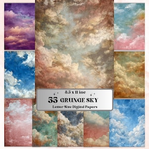 Abstract Grunge Sky Pages, Cloud Texture Backgrounds, Junk Journal Sky Paper, Atmospheric Collage Pages, Printable Letter Size