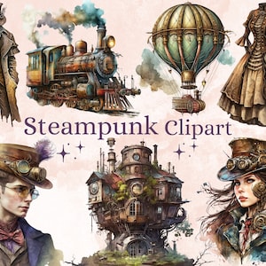32 PNG Watercolor Steampunk Clipart Bundle, Steampunk Ephemera, Fantasy Steampunk png bundle, paper craft, scrapbooking, junk journal