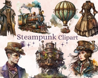 32 PNG Watercolor Steampunk Clipart Bundle, Steampunk Ephemera, Fantasy Steampunk png bundle, paper craft, scrapbooking, junk journal