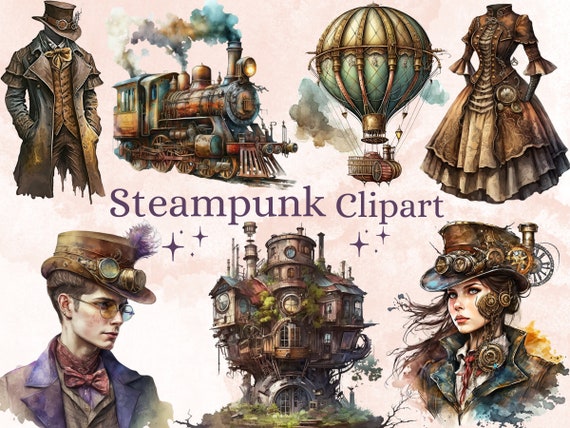 32 PNG Watercolor Steampunk Clipart Bundle, Steampunk Ephemera, Fantasy Steampunk png bundle, paper craft, scrapbooking, junk journal