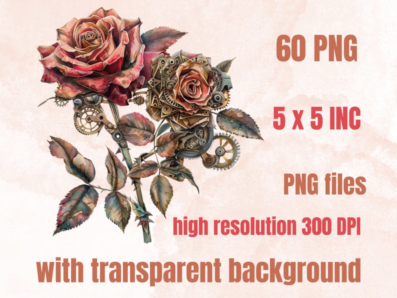60 PNG Watercolor Steampunk Spring Clipart, Floral Spring Illustrations Clip art, Steampunk Flowers png, Fantasy Industrial Sublimation